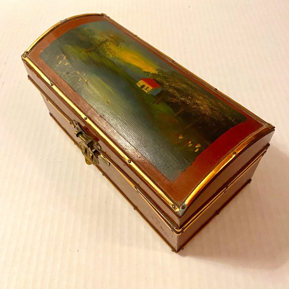Jewelry Trinket Box Wood Hand Painted Domed Hinged Lid Metal Trim Decorative